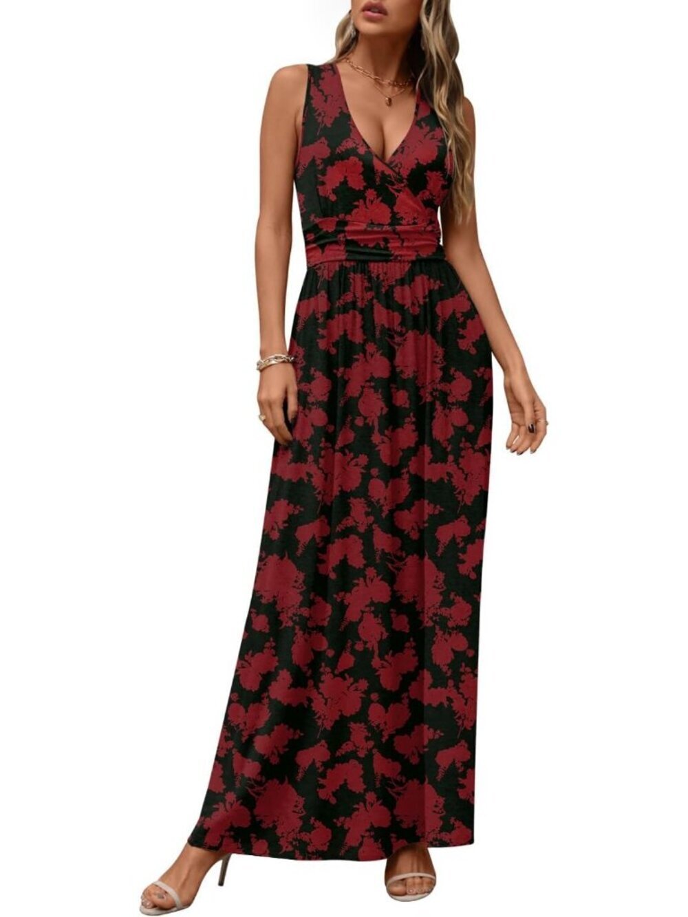 Women's Red Flower Sleeveless Summer Casual Formal Long Pockets Maxi Dress